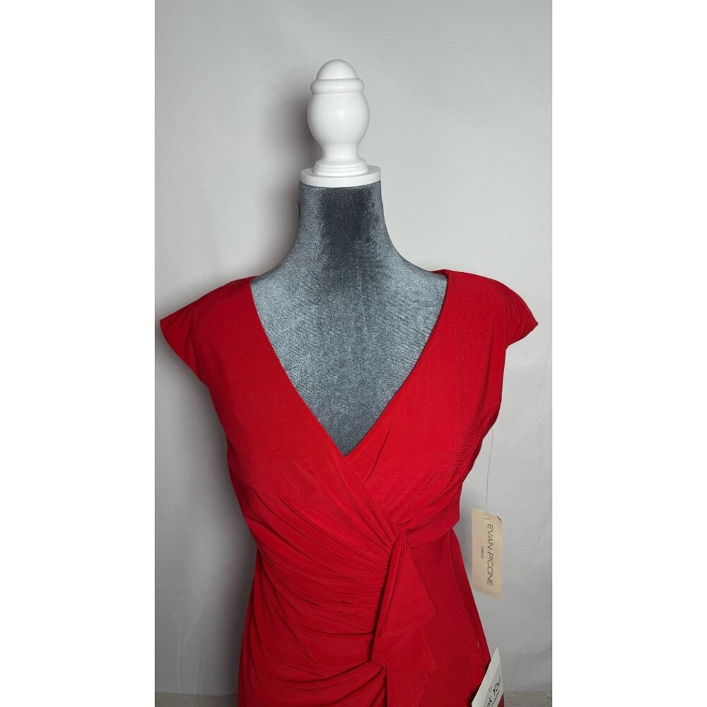 Evan-Picone-Women's Red Ruched Ruffle V-Neck Cocktail Dress Size 4 NWT - Picture 7 of 9